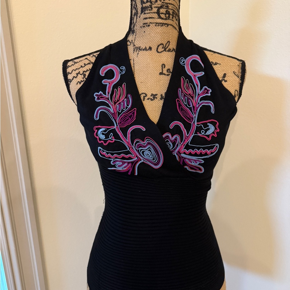 Cache Black Silk Blend Top with Pink Detail - size XS